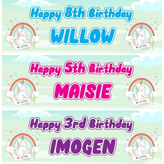 2 Personalised Unicorn Rainbow Birthday Party Celebration Banners Posters Decoration for Kids Girls