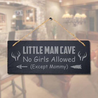 No Girls Allowed Except Mommy Left Arrow Engraved Hanging Slate Plaque Man Cave Sign