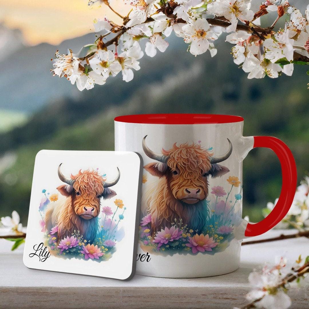 Personalised Highland Cow Mug and Coaster Set: Birthday Gift
