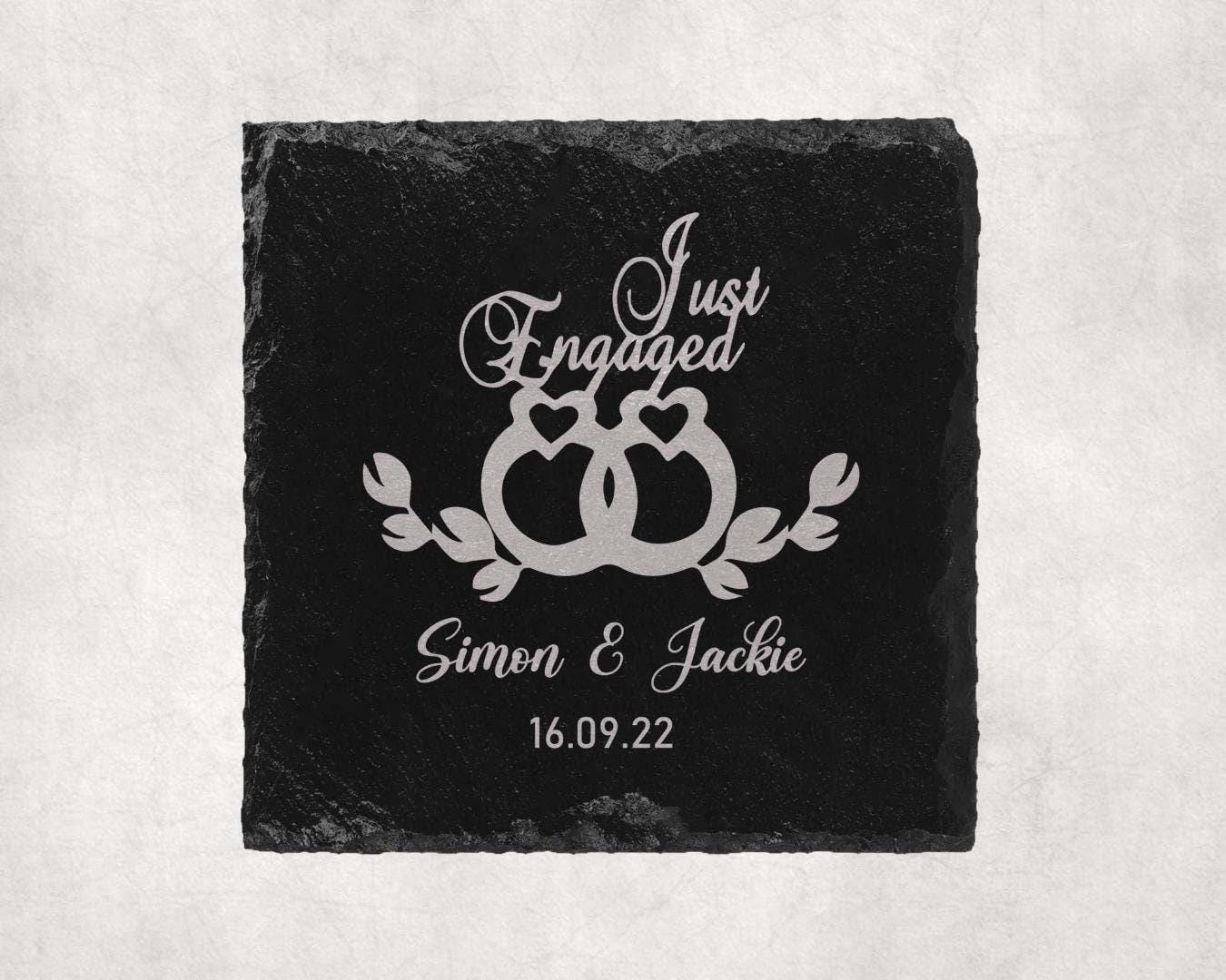 Just Engaged Engagement Slate Coasters Personalised Names Laser Engraved Gift