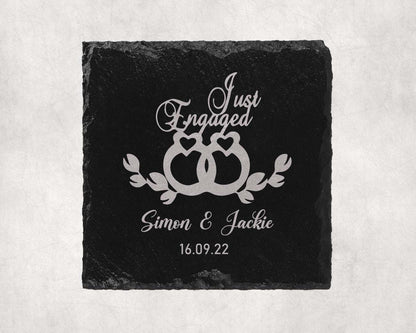 Just Engaged Engagement Slate Coasters Personalised Names Laser Engraved Gift