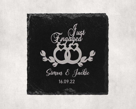 Just Engaged Engagement Slate Coasters Personalised Names Laser Engraved Gift