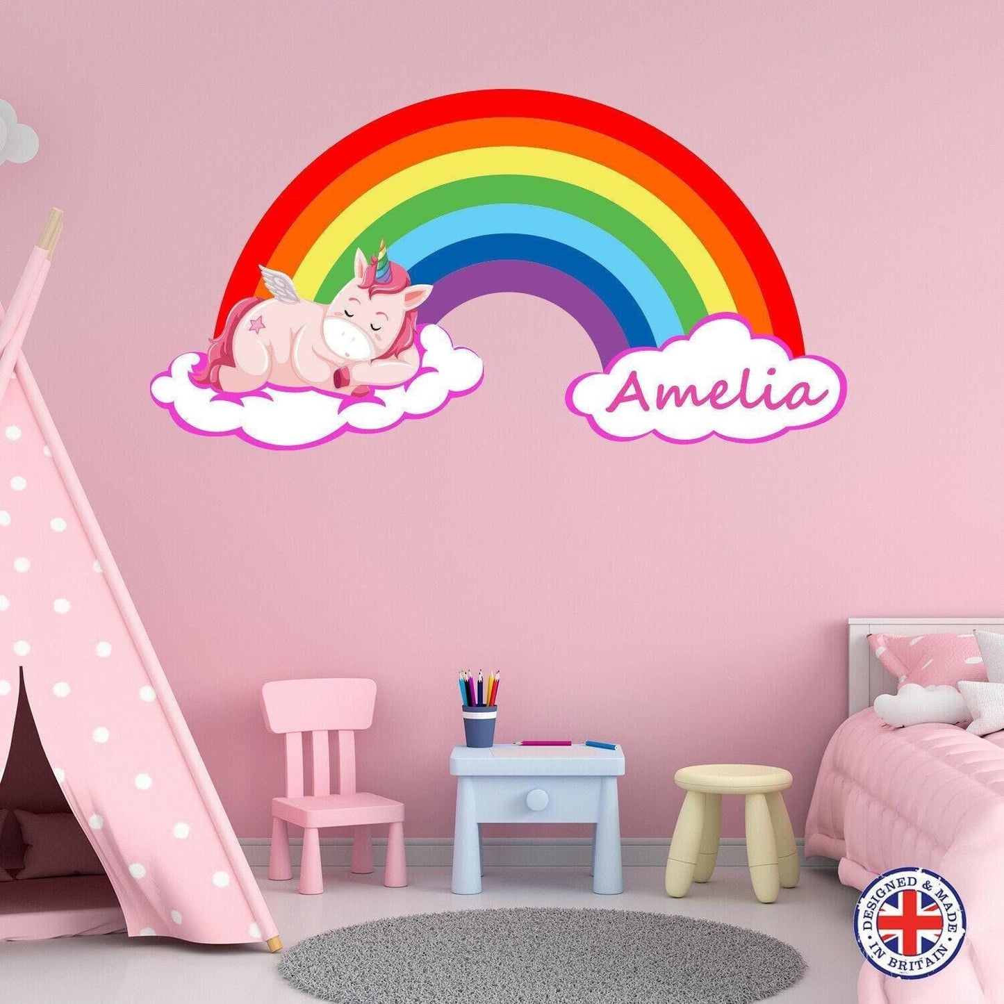 Personalised Unicorn Wall Sticker Girls Bedroom Nursery Kids Name Rainbow Vinyl