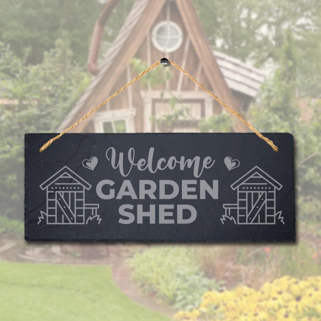 Laser Engraved Welcome Garden Shed Slate Sign with Jute Rope