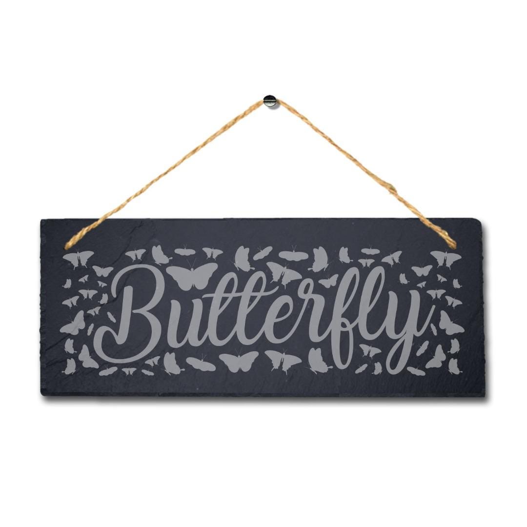 Butterfly Laser Engraved Hanging Slate Garden Home Decor Plaque Sign