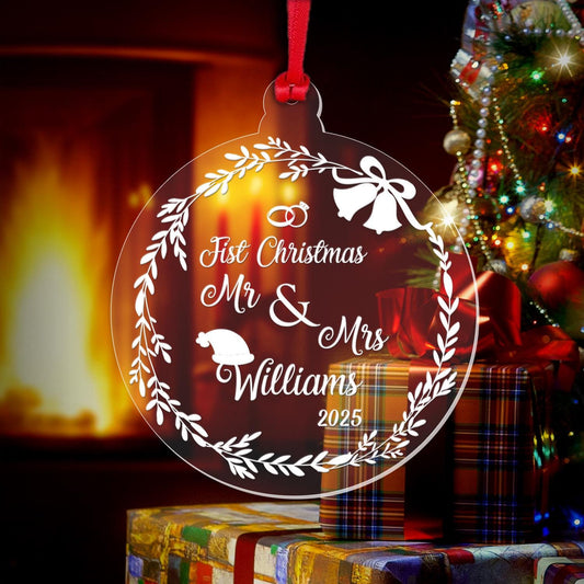 Personalised First Christmas Couple Bauble: Laser Engraved Acrylic Tree Decor