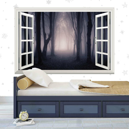 3D Misty Forest Wall Decal: Window View Vinyl Mural