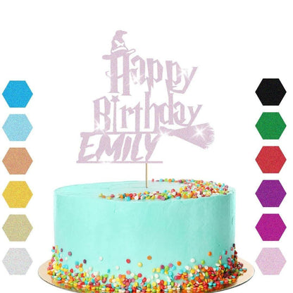 Witch Broomstick Glitter Cake Topper Personalised Halloween Birthday Decoration