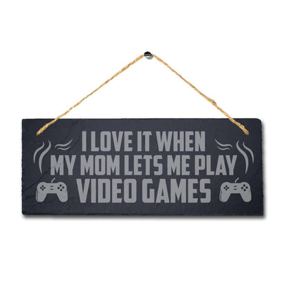 Love Mom Allow Play Video Games Engraved Hanging Slate Gamer Room Plaque Sign