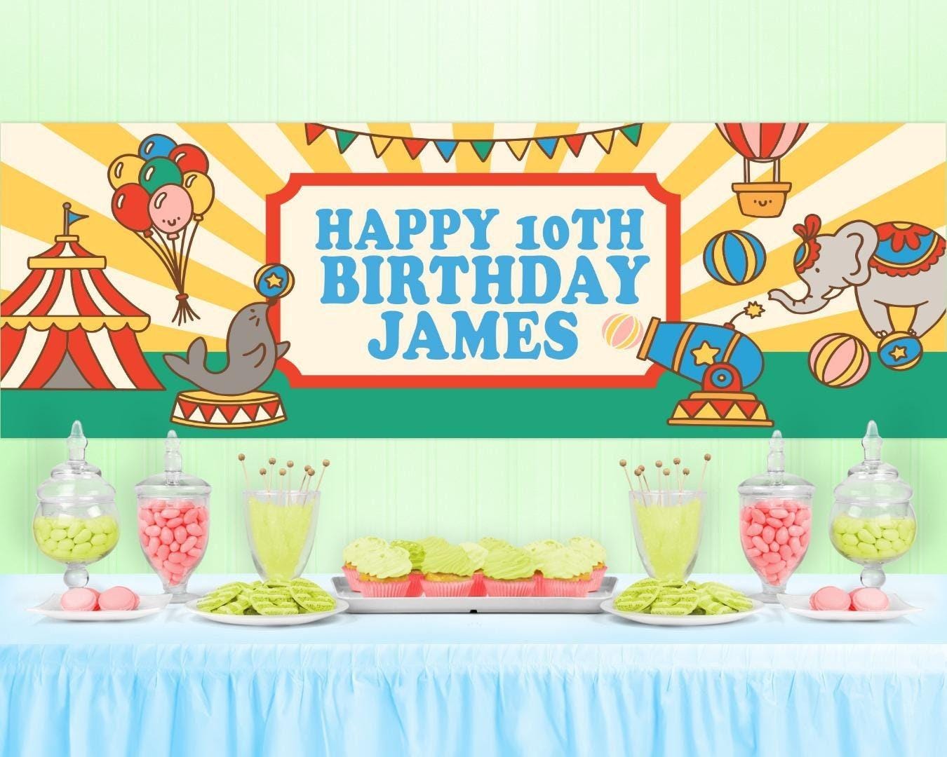 Personalised Circus Birthday Banner: Custom Name & Age, Party Decoration