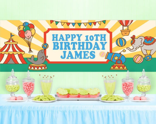 Personalised Circus Birthday Banner: Custom Name & Age, Party Decoration