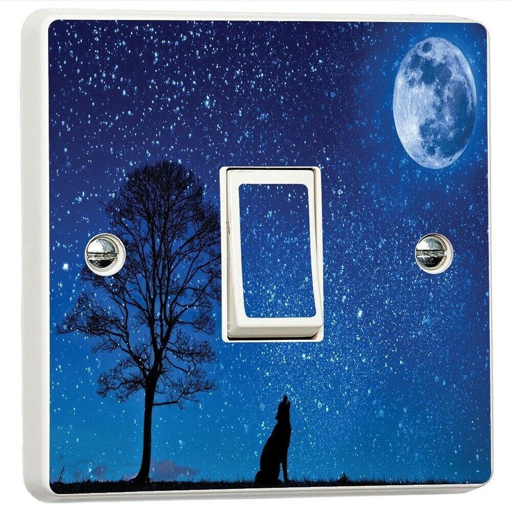 Wolf Night Moon Stars Light Switch Sticker Cover Vinyl Skin Wall Decal Decor