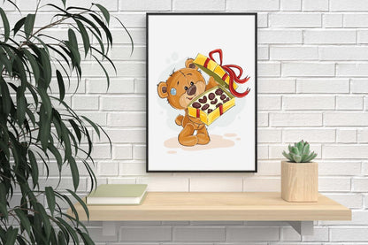 Teddy Bear Chocolate Gift Art Print: Scandinavian Nursery Decor