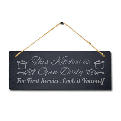 Kitchen Hanging Slate Sign Engraved Plaque Open Daily First Service Home Gift
