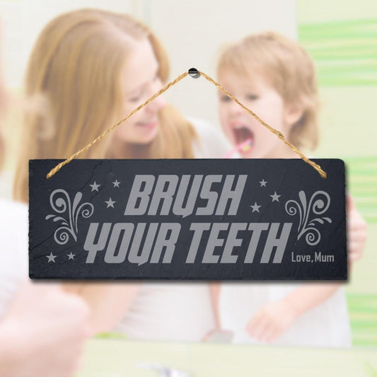 Brush Your Teeth Hanging Slate Sign Engraved Plaque Funny Washroom Toilet Gift