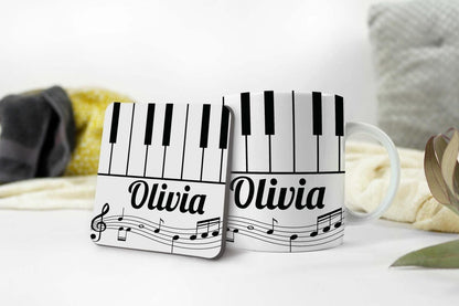 Personalised Name Mug And Coaster Gift Set Piano Keyboard Music Lover Tea Gift