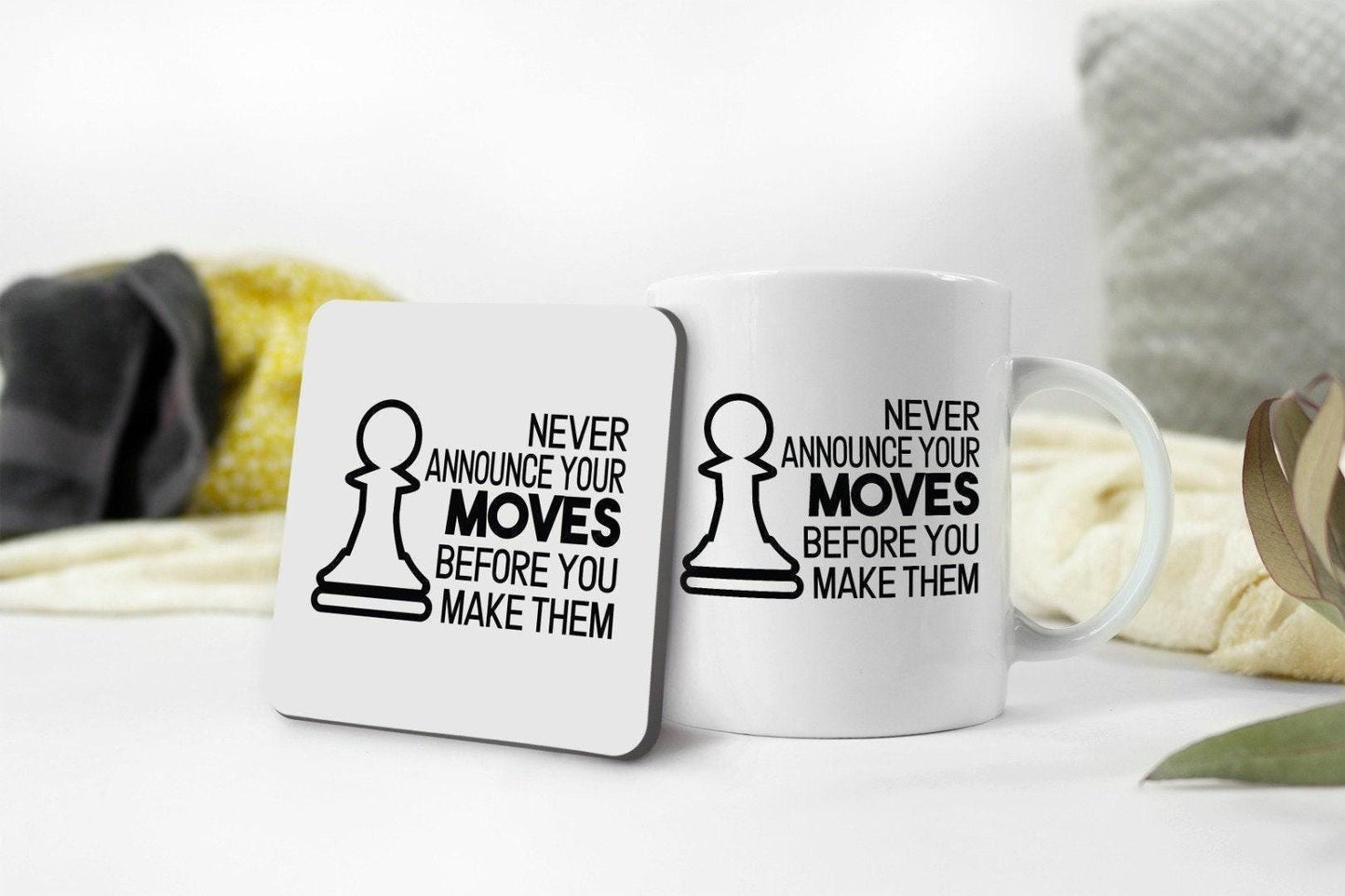 Chess Lover Mug: Never Announce Your Moves, Ceramic Coffee Cup Gift