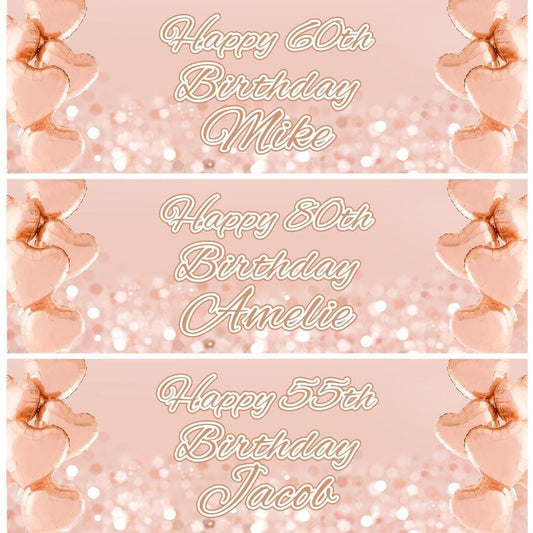 2 Personalised Rose Gold Pink Heart Birthday Party Celebration Banners Posters