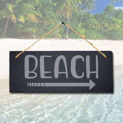 Beach With Arrow Laser Engraved Hanging Slate Ocean Beach Sea Decor Plaque Sign