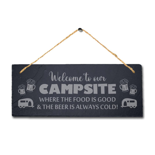 Campsite Food Is Good Beer Cold Laser Engraved Hanging Slate Camping Plaque Sign