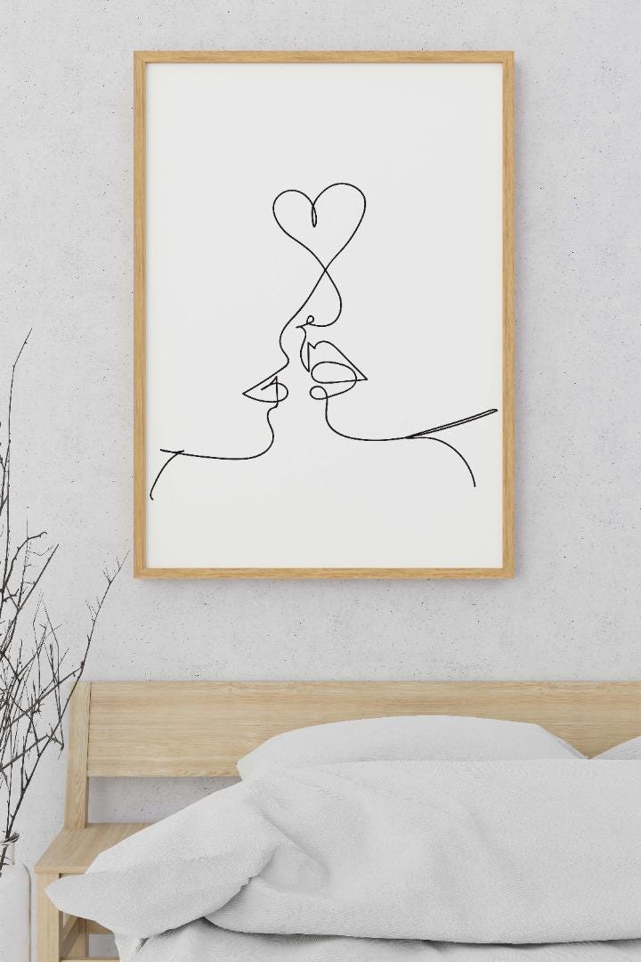 Kiss One Line Sketch Bedroom Drawing Minimalist Wall Art Home Decor Print Poster