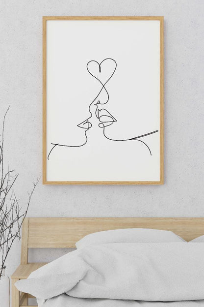Kiss One Line Sketch Bedroom Drawing Minimalist Wall Art Home Decor Print Poster