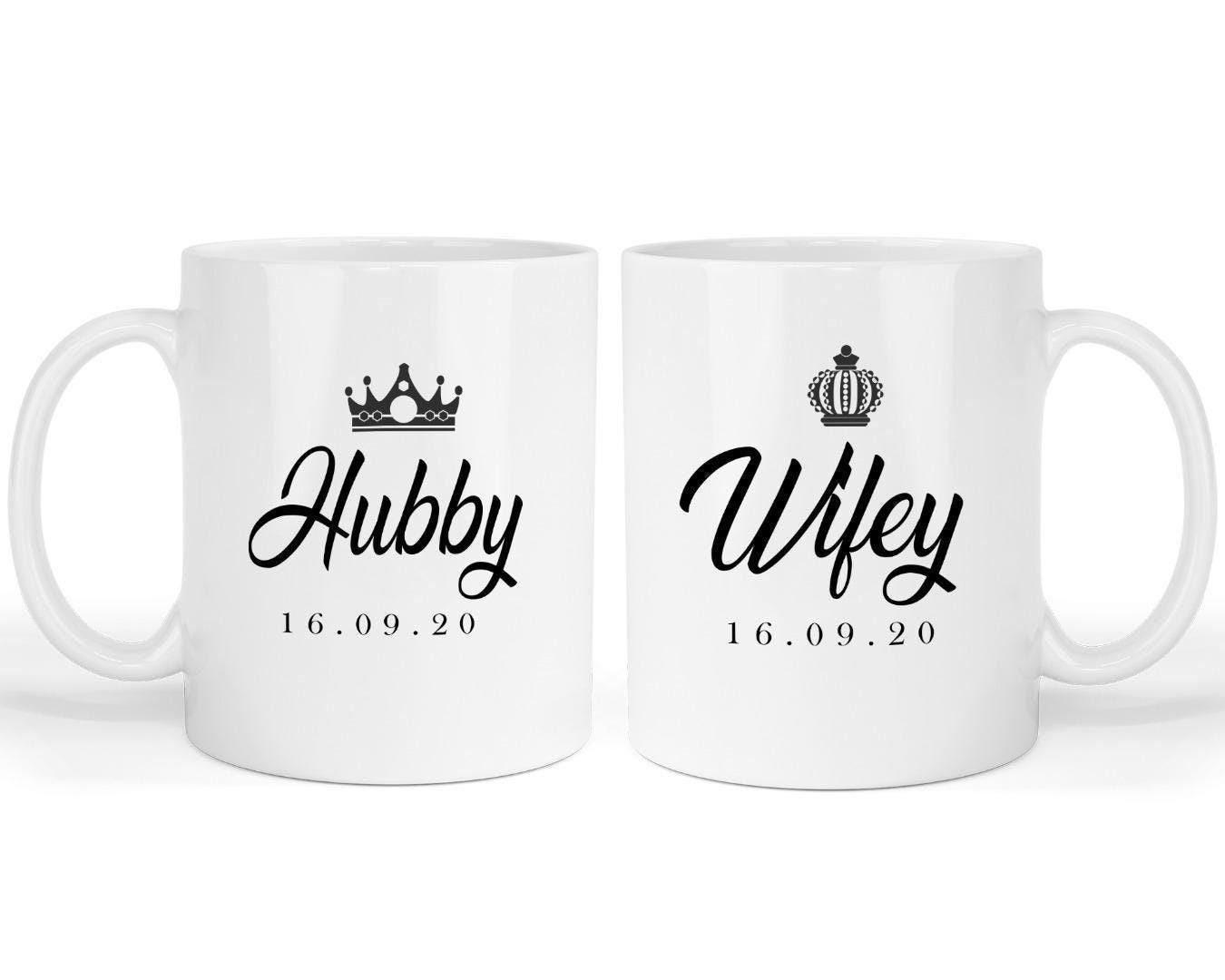 Personalised Hubby Wifey Couple Mugs Gift Wedding Anniversary Present Coffee Couple Mug Set Customdate&name