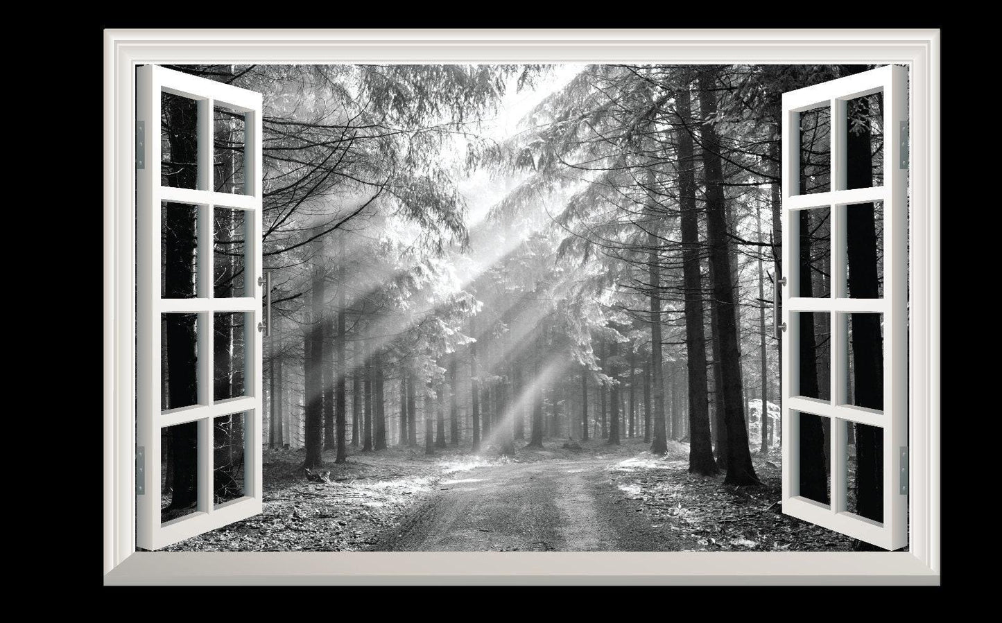 3D Forest Window View Wall Decal: Black & White Sunrise Mural
