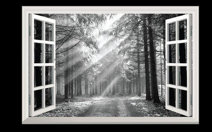 3D Forest Window View Wall Decal: Black & White Sunrise Mural