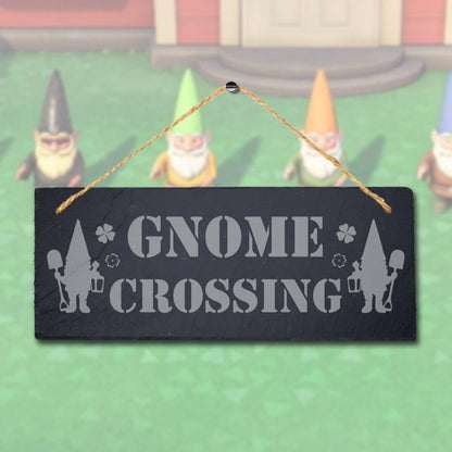 Gnomes Crossing Laser Engraved Hanging Slate Garden Home Decor Plaque Sign