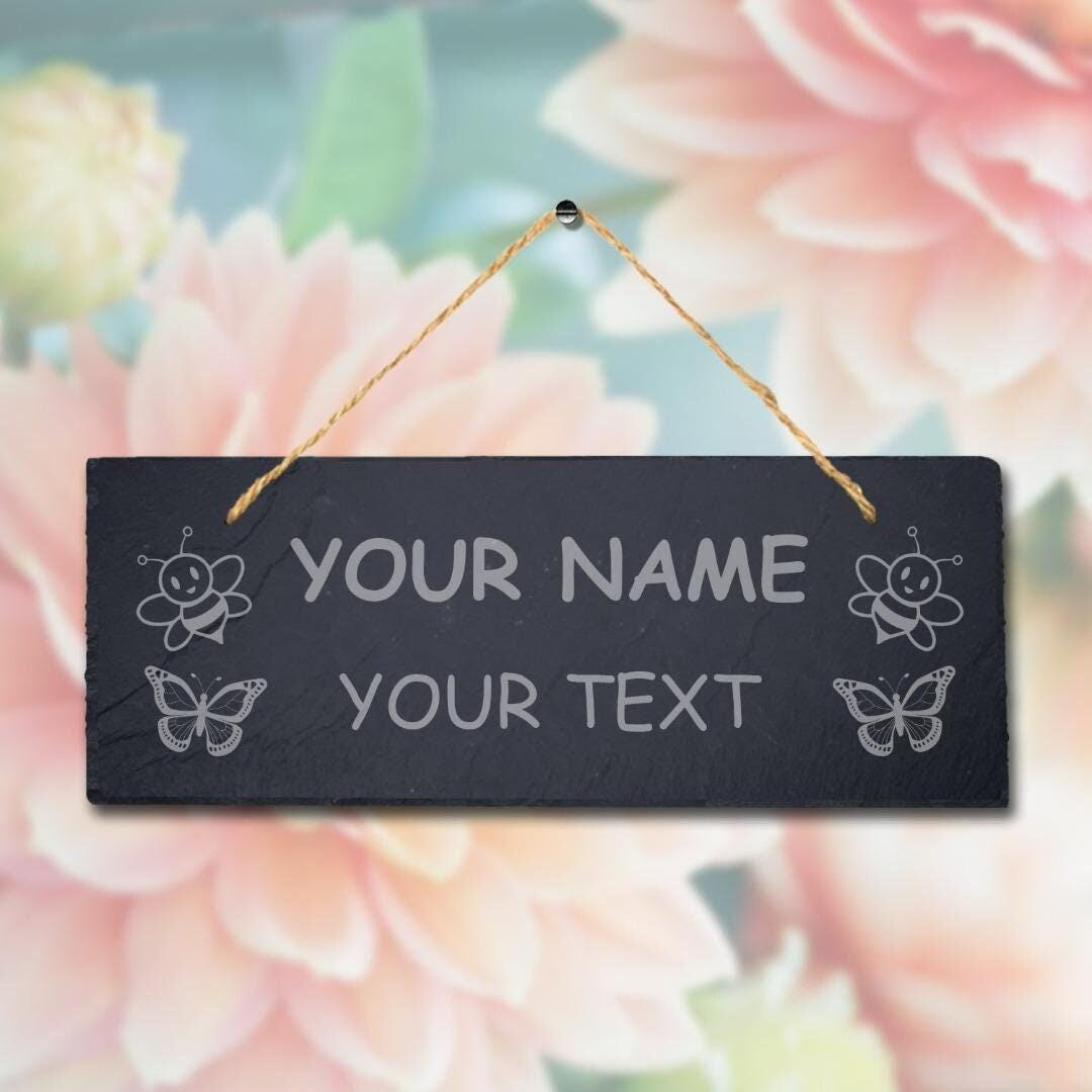 Personalised Name Text Laser Engraved Hanging Slate Butterfly Garden Plaque Sign