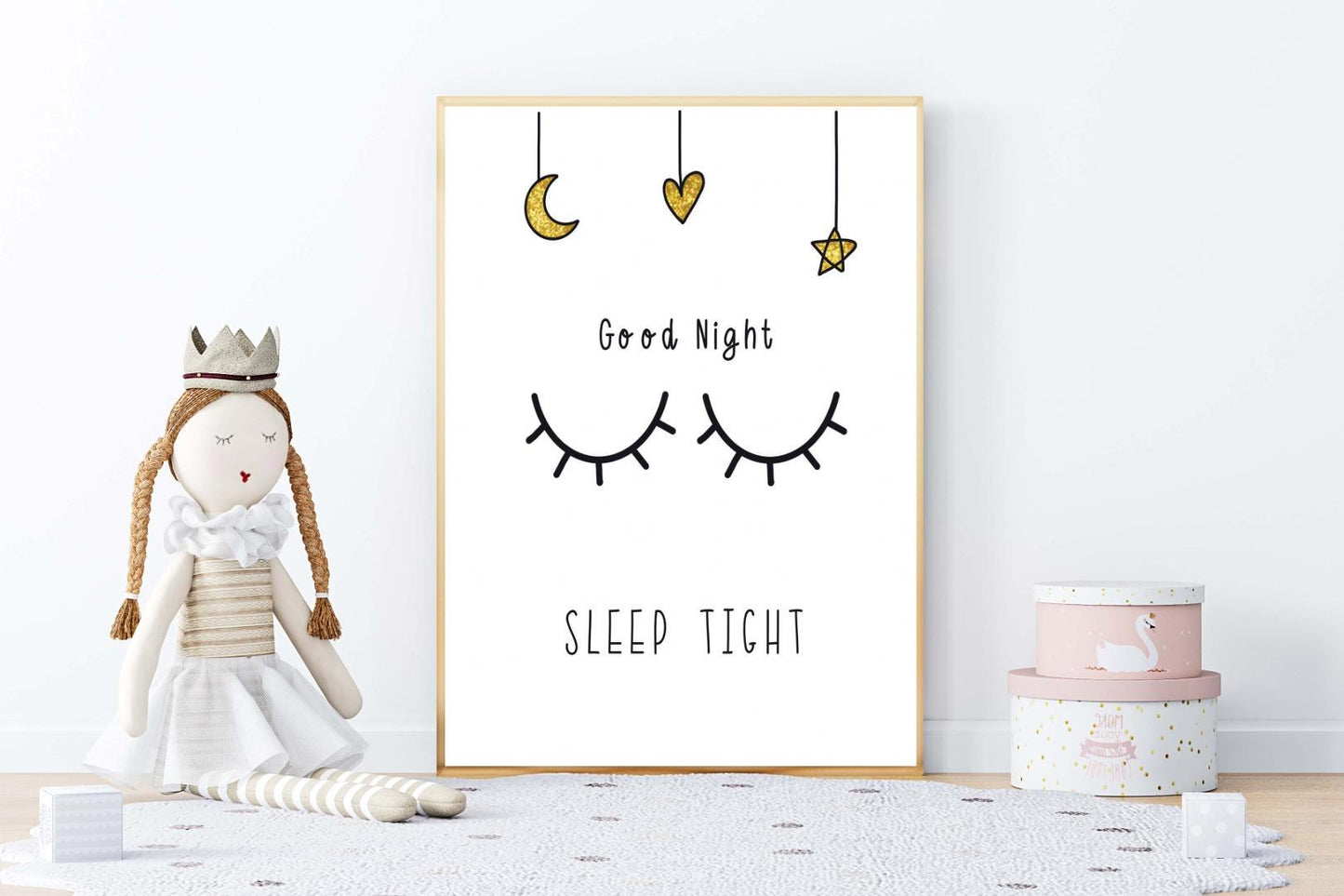 Good Night Eye Lashes Kids Boho Hand Painted Effect Nursery Wall Print Poster
