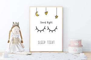 Good Night Eye Lashes Kids Boho Hand Painted Effect Nursery Wall Print Poster