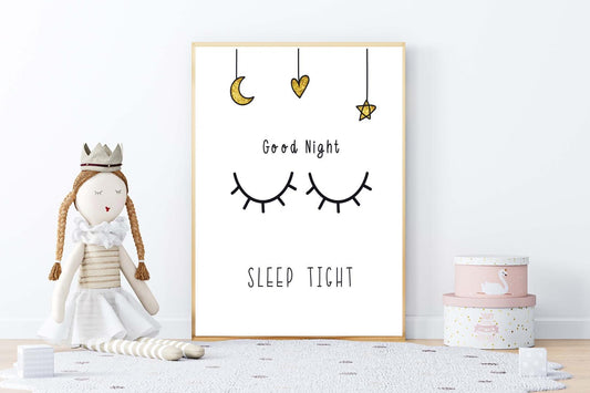 Good Night Eye Lashes Kids Boho Hand Painted Effect Nursery Wall Print Poster