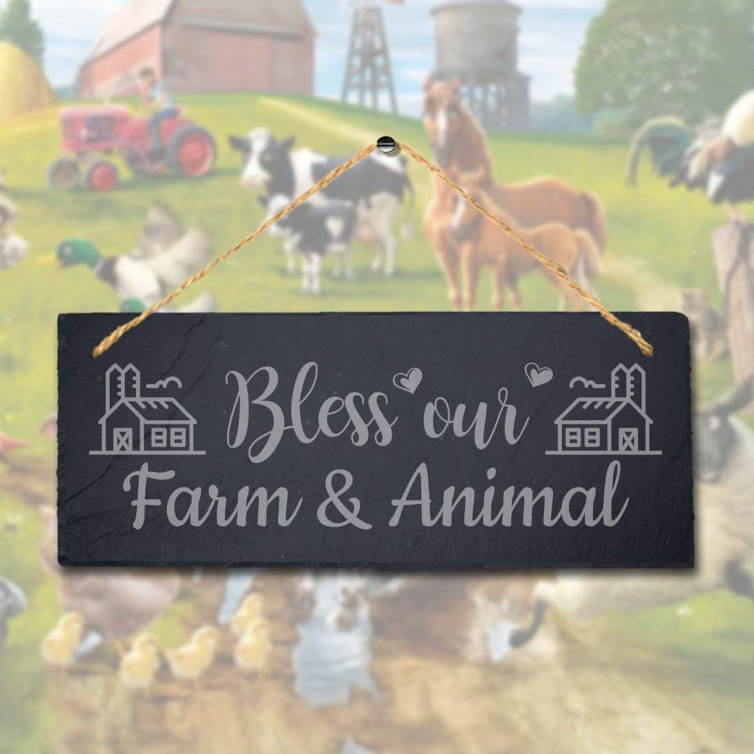Bless Our Farm And Animals Laser Engraved Hanging Slate Farmhouse Plaque Sign