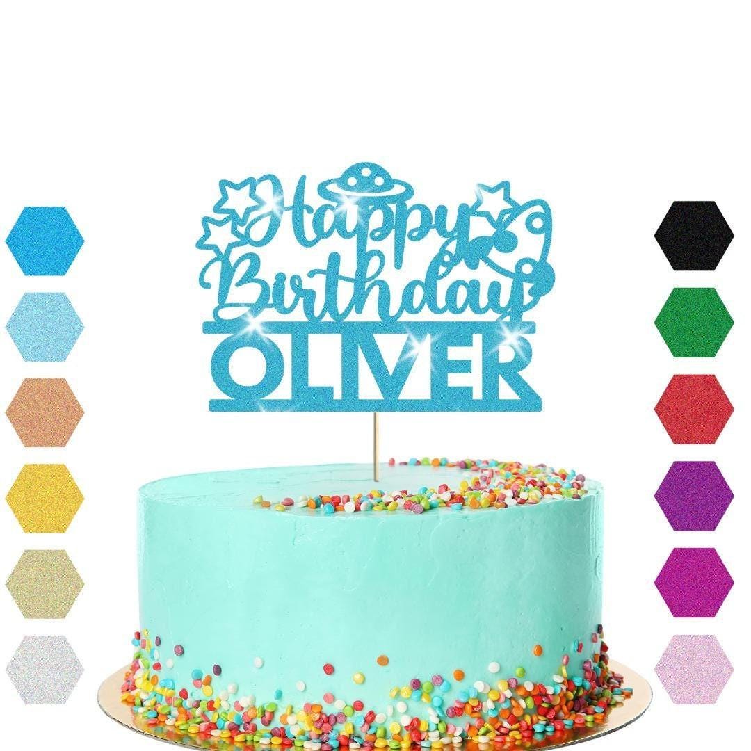 Personalised Glitter Outer Space Birthday Cake Topper: Alien UFO Theme Party Decoration