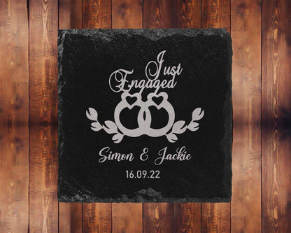 Just Engaged Engagement Slate Coasters Personalised Names Laser Engraved Gift