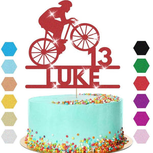 Personalised Glitter Bicycle Cake Topper: Cyclist Birthday Party Decor
