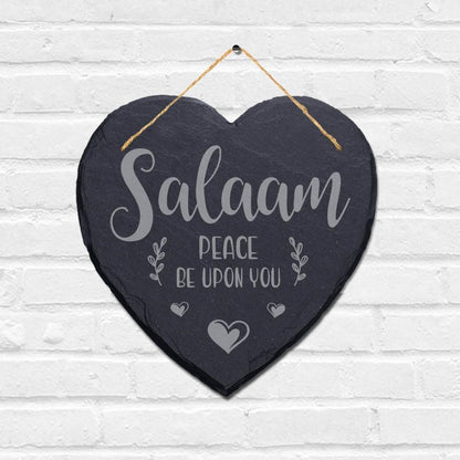 Salaam Peace Be Upon You Engraved Wall Hanging Islamic Heart Home Slate Plaque Sign