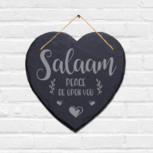 Salaam Peace Be Upon You Engraved Wall Hanging Islamic Heart Home Slate Plaque Sign