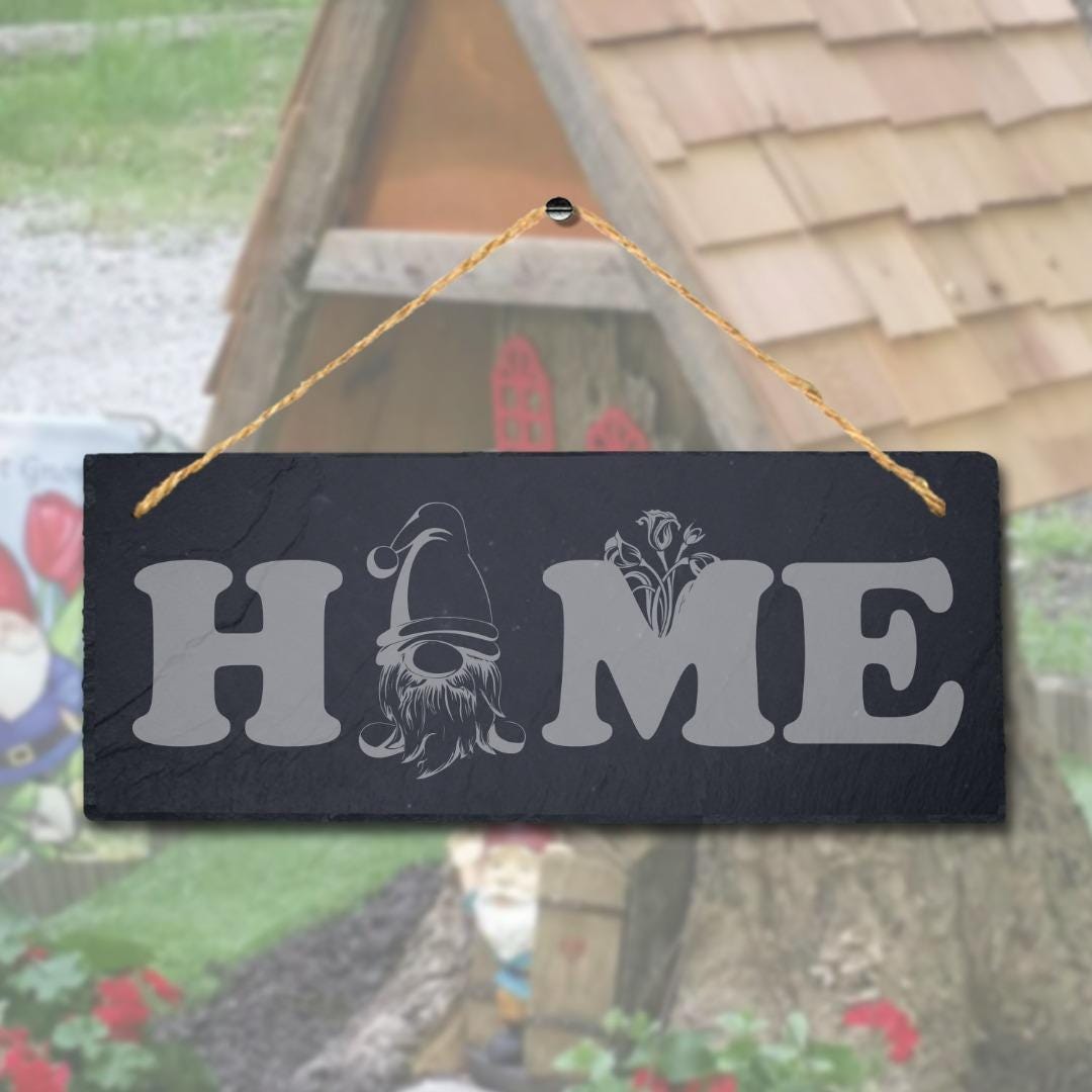 Home With Gnome Laser Engraved Hanging Slate Garden Home Decor Plaque Sign