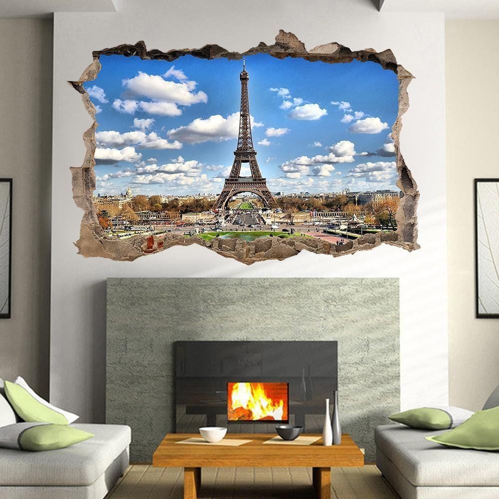 Eiffel Tower Delight: 3d Window Crack Poster, 3 Effects Captivating Art Decor For Your Bedroom Walls