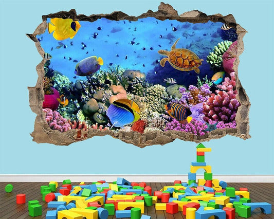 3D Porthole Wall Sticker: Tropical Fish, Ocean View - Beach Home Decor