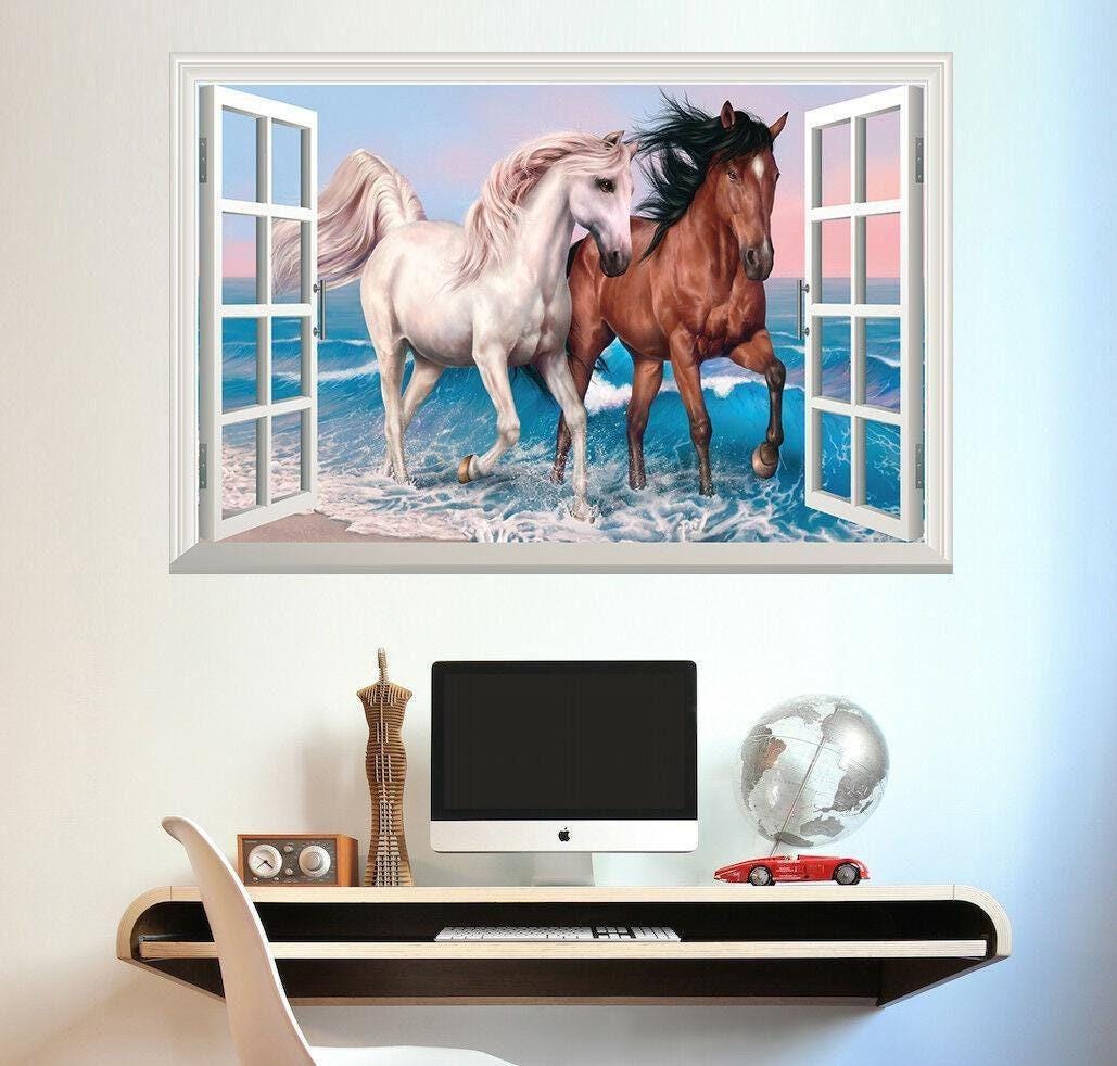 Beach Horses 3D Window View Wall Decal: Abstract Vinyl Mural
