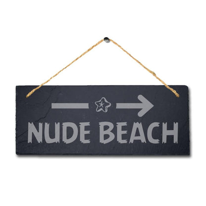 Nude Beach Left Way Arrow Engraved Hanging Slate Ocean Sea Beach Plaque Sign