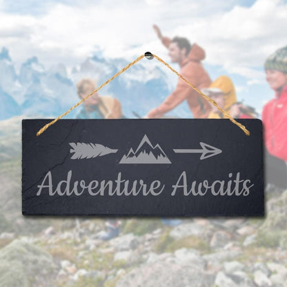Adventure Awaits Laser Engraved Hanging Slate Camping Hiking Plaque Sign