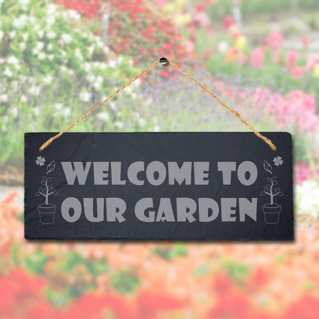 Welcome To Our Garden Laser Engraved Hanging Slate Home Decor Garden Plaque Sign