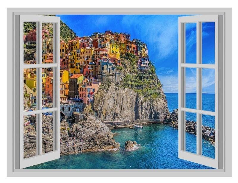 Manarola Italy Window View Wall Decal: 3D City Skyline Vinyl Poster
