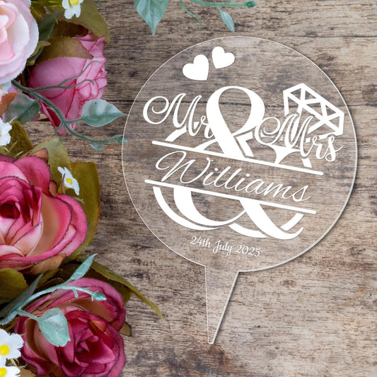 Personalised Round Wedding Cake Topper Mr & Mrs Acrylic Decoration Gift