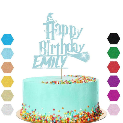 Witch Broomstick Glitter Cake Topper Personalised Halloween Birthday Decoration